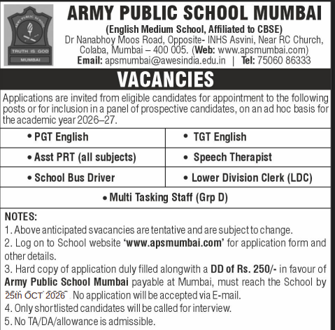 Army Public School Mumbai Vacancy